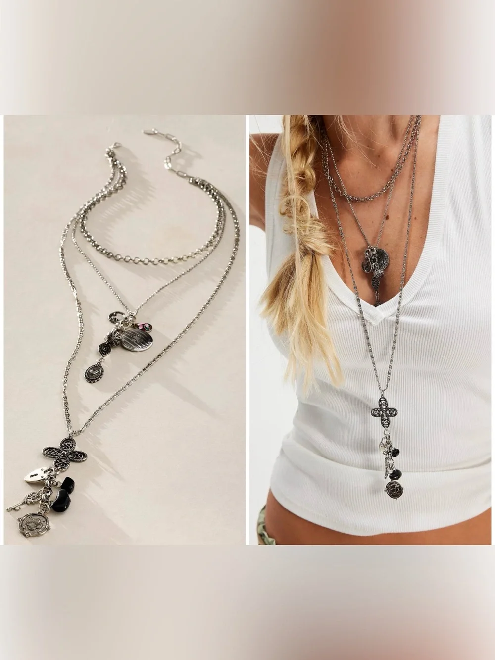 NWT Free People Luelle Layer Necklace - silver black - one size